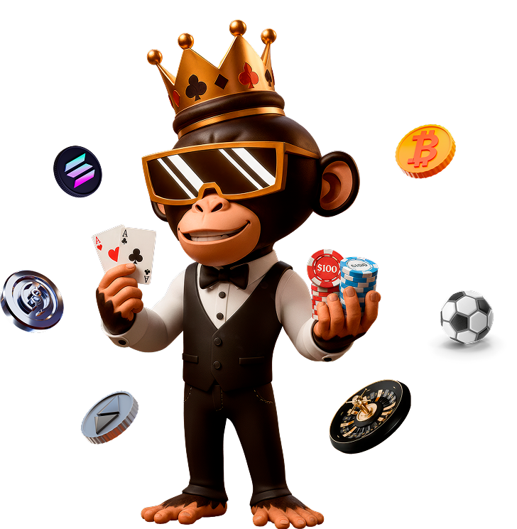 MonkeyTilt mascot holding cards, chips, and crypto-themed icons